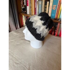 Handmade Chunky Knit Beanie Hat Black Cream Grey Geometric Fuzzy Wool Blend